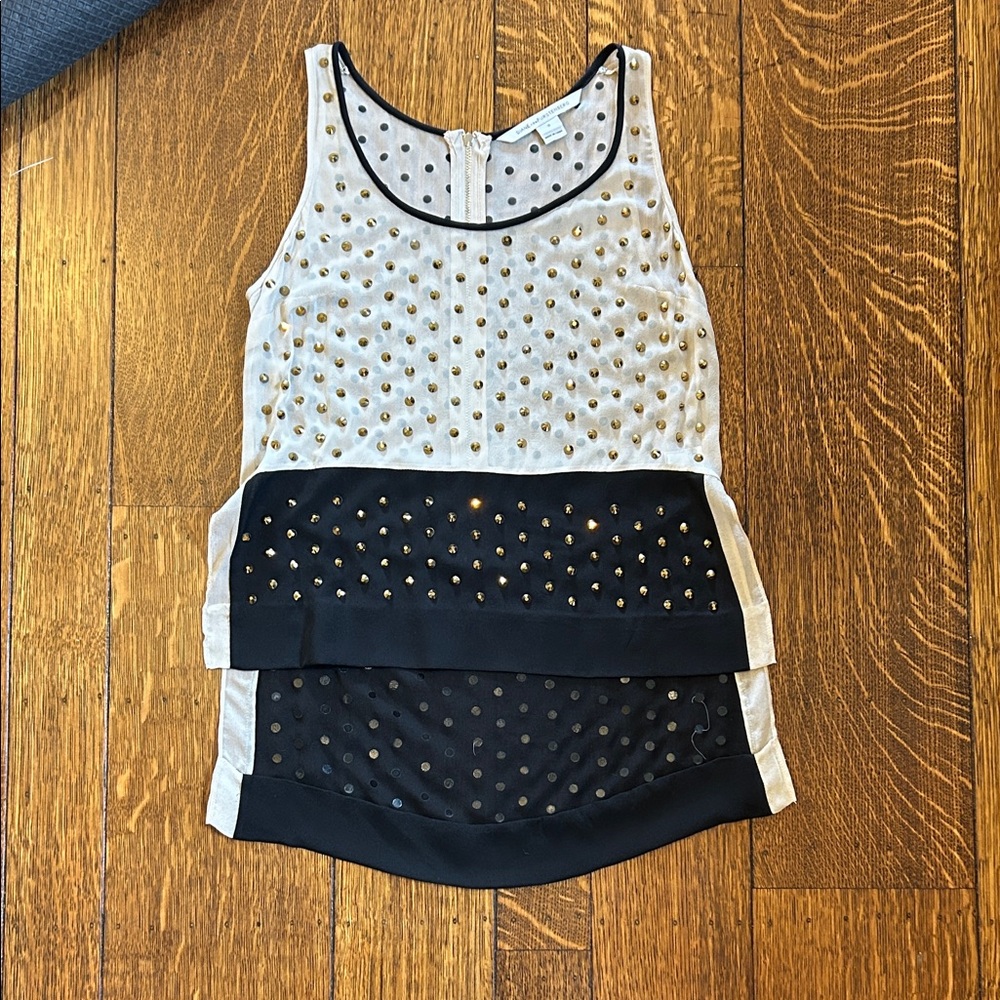 Diane Von Furstenberg Black and Cream Studded Tank Top